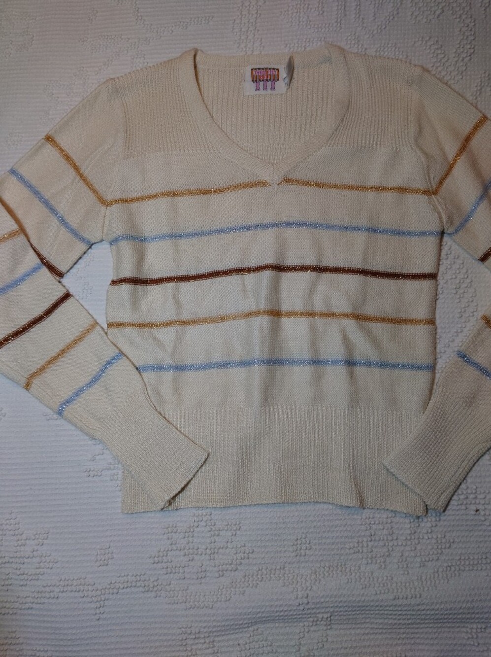 Vintage 70s Cream Stripe V-Neck Sweater w Sparkle Blue and Brown Stripes